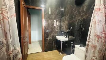 Bidet, towels, soap, toilet paper