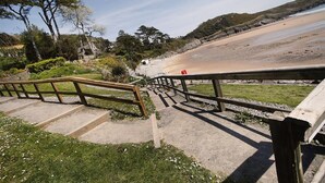 Una scala in cemento conduce a una spiaggia, con ringhiera in legno, immersa nel verde e sotto un cielo sereno.
