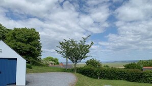 Ein Kiesweg führt zu einem weißen Gebäude mit einer blauen Tür, umgeben von Grünpflanzen und blauem Himmel.