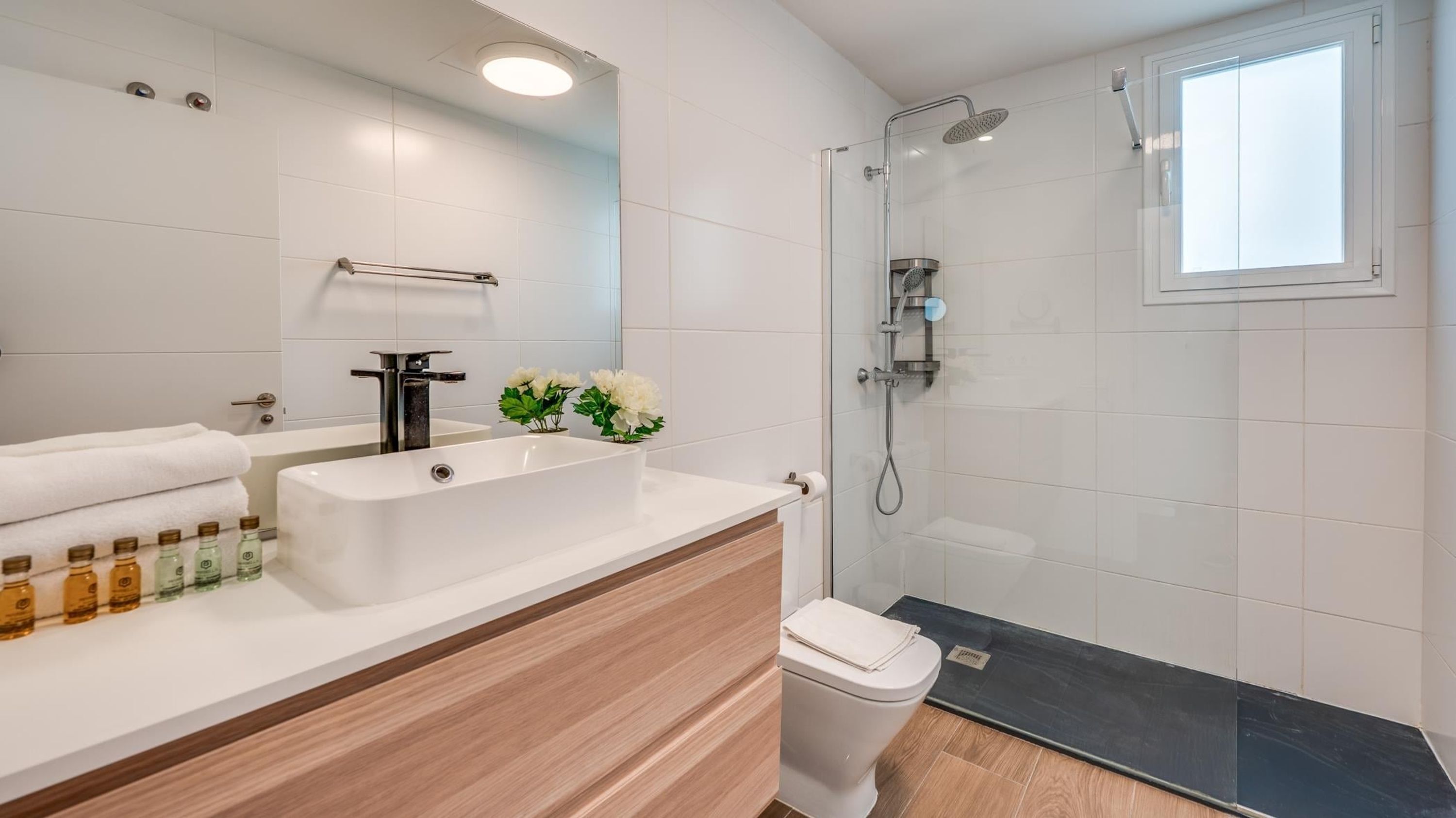 Shower, hair dryer, towels