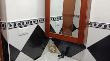 Hair dryer, bidet, towels, soap