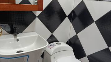Hair dryer, bidet, towels, soap