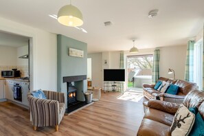 Una sala de estar con chimenea, un sofá, un televisor y una zona de cocina.
