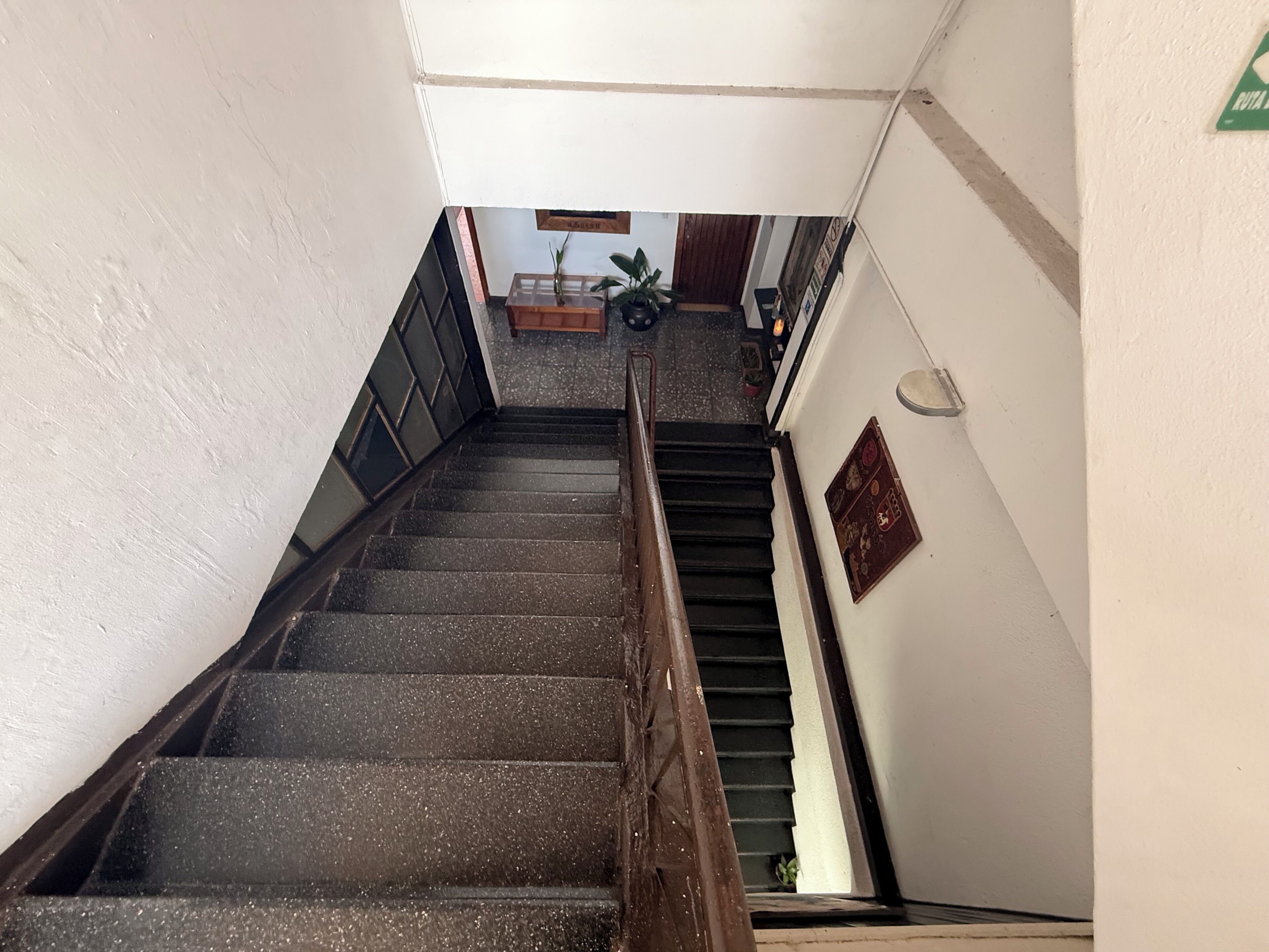 A staircase leading to a landing with a wooden handrail, a small table with a plant, and a wall-mounted sign.