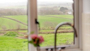 Une fenêtre donnant sur un champ verdoyant et un bâtiment situé au loin.