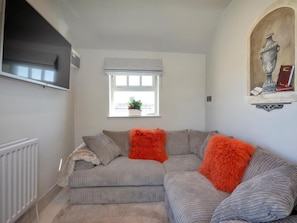 Un salon avec un canapé gris, deux coussins orange, un radiateur blanc, une fenêtre donnant sur un beau paysage et un téléviseur fixé au mur.