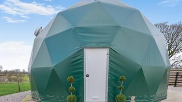 A geodesic dome structure with a white door, two potted plants, and a small statue at the entrance.