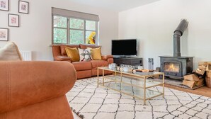 Een woonkamer met een bank, een salontafel, een televisie en een houtkachel.