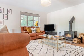 Ein Wohnzimmer mit einer Couch, einem Couchtisch, einem Fernseher und einem Kaminofen.