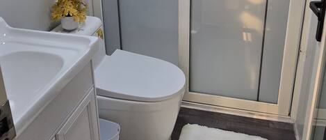 Bany compacte amb vàter, rentapel i armari, una catifa blanca al sòl i portes de vidre amb aspecte translúcid.