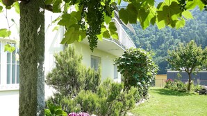 A house with a garden, a tree, and a mountain in the background. - Cosy apartment for 4 guests with WIFI, hot tub, TV and patio (Acquarossa)
