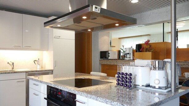 A modern kitchen with a built-in oven, microwave, and coffee maker. - Cosy apartment for 4 guests with WIFI, hot tub, TV and patio (Acquarossa)