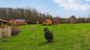 Un paysage rural avec des constructions en bois, peut-être des cabanes, dans un champ herbeux, avec des arbres en arrière-plan.