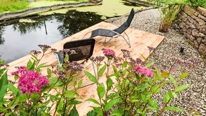 A wooden deck with a chair, a pond, and surrounding greenery.