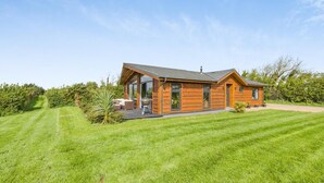 Een moderne blokhut met een terras, een barbecue en een verzorgd gazon.
