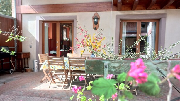 An outdoor patio with a wooden table and chairs, a brick floor, and a wooden pergola.