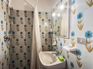 Une salle de bain avec des carreaux à motifs floraux, une douche avec un rideau, un lavabo avec un porte-savon et un miroir avec éclairage.