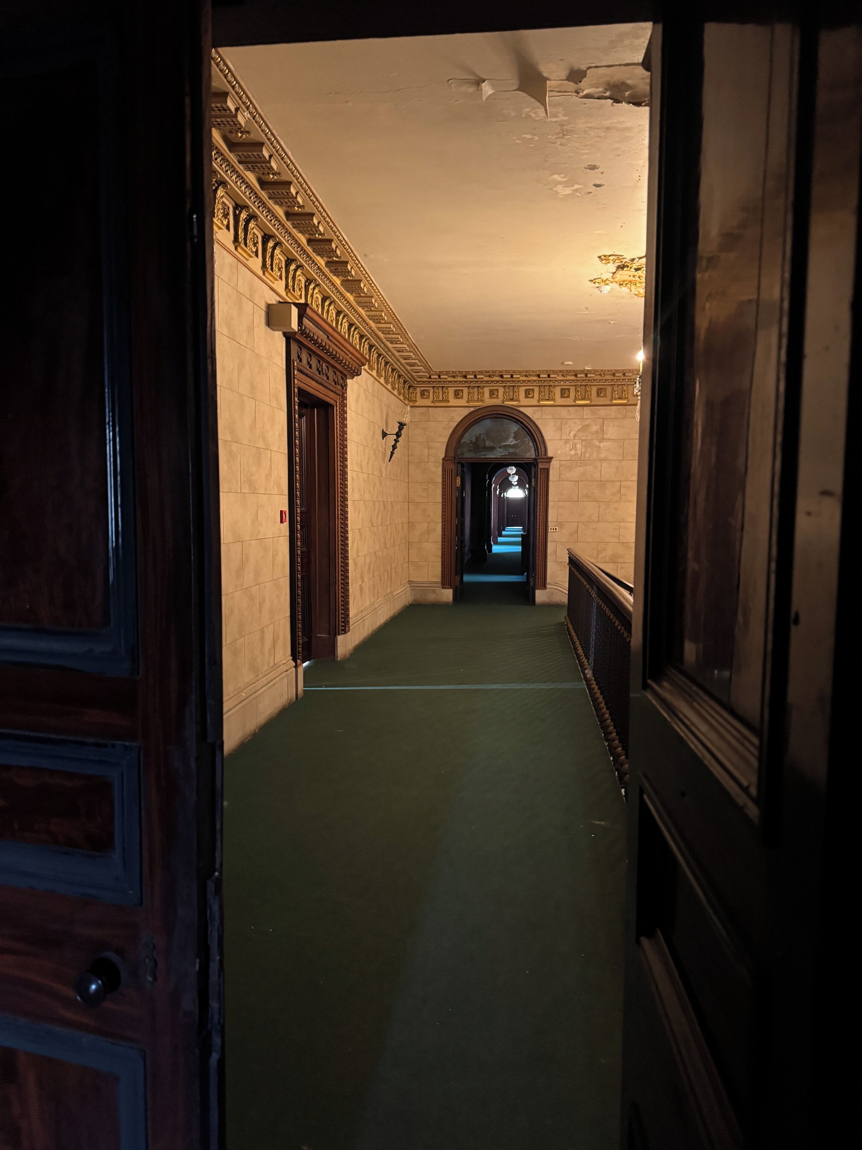 Un pasillo con alfombra verde, decoraciones elaboradas en la pared y una puerta a la izquierda.