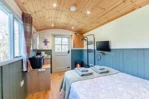 Una habitació acollidora amb un llit, televisió, una llar de foc i zona de cuina.