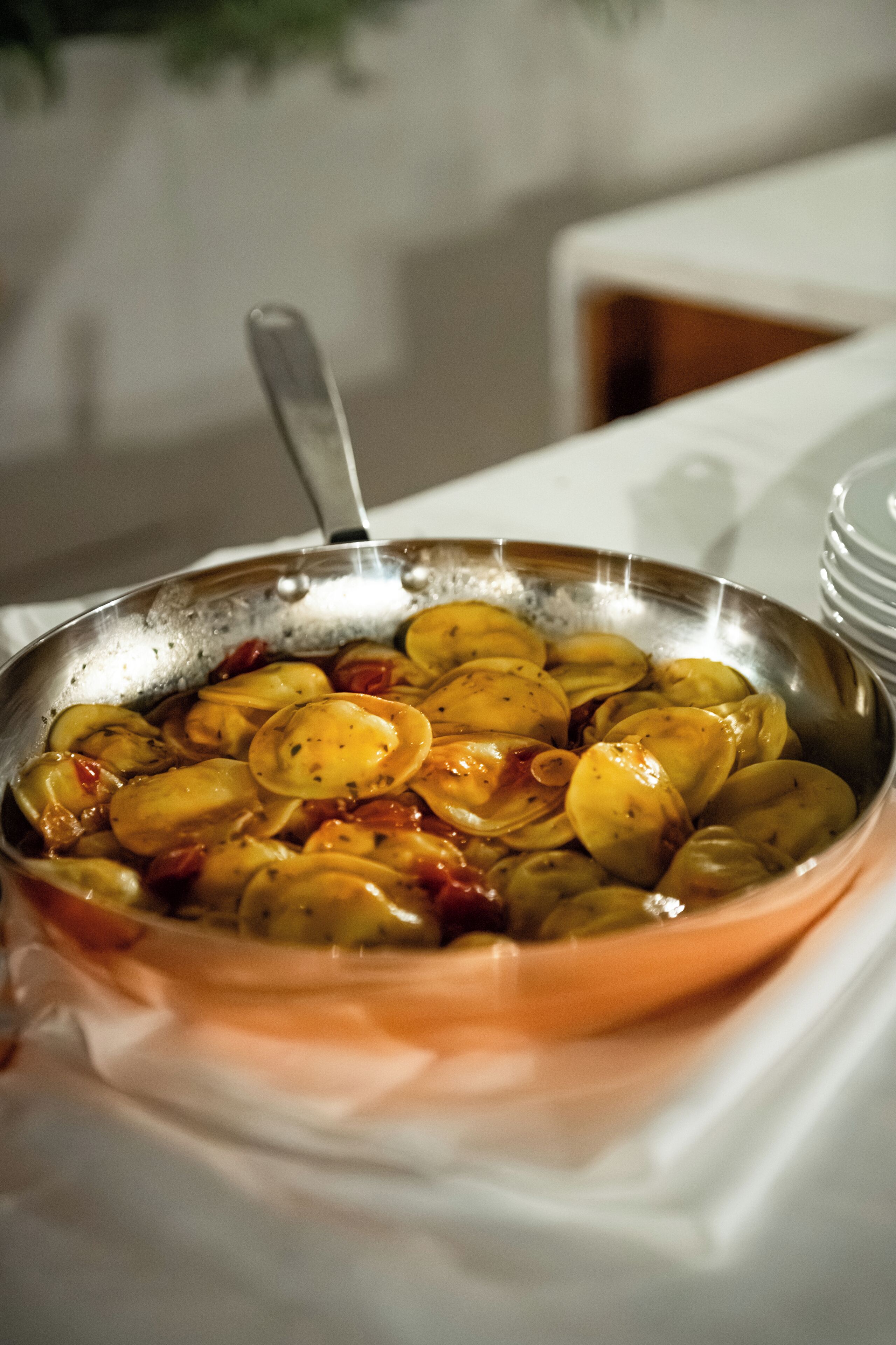 A pan of food on a stove.