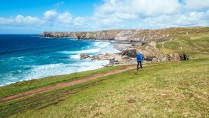 Eine Küstenlandschaft, auf einem grasbewachsen Hügel steht eine Person und blickt auf das Meer und die Klippen.