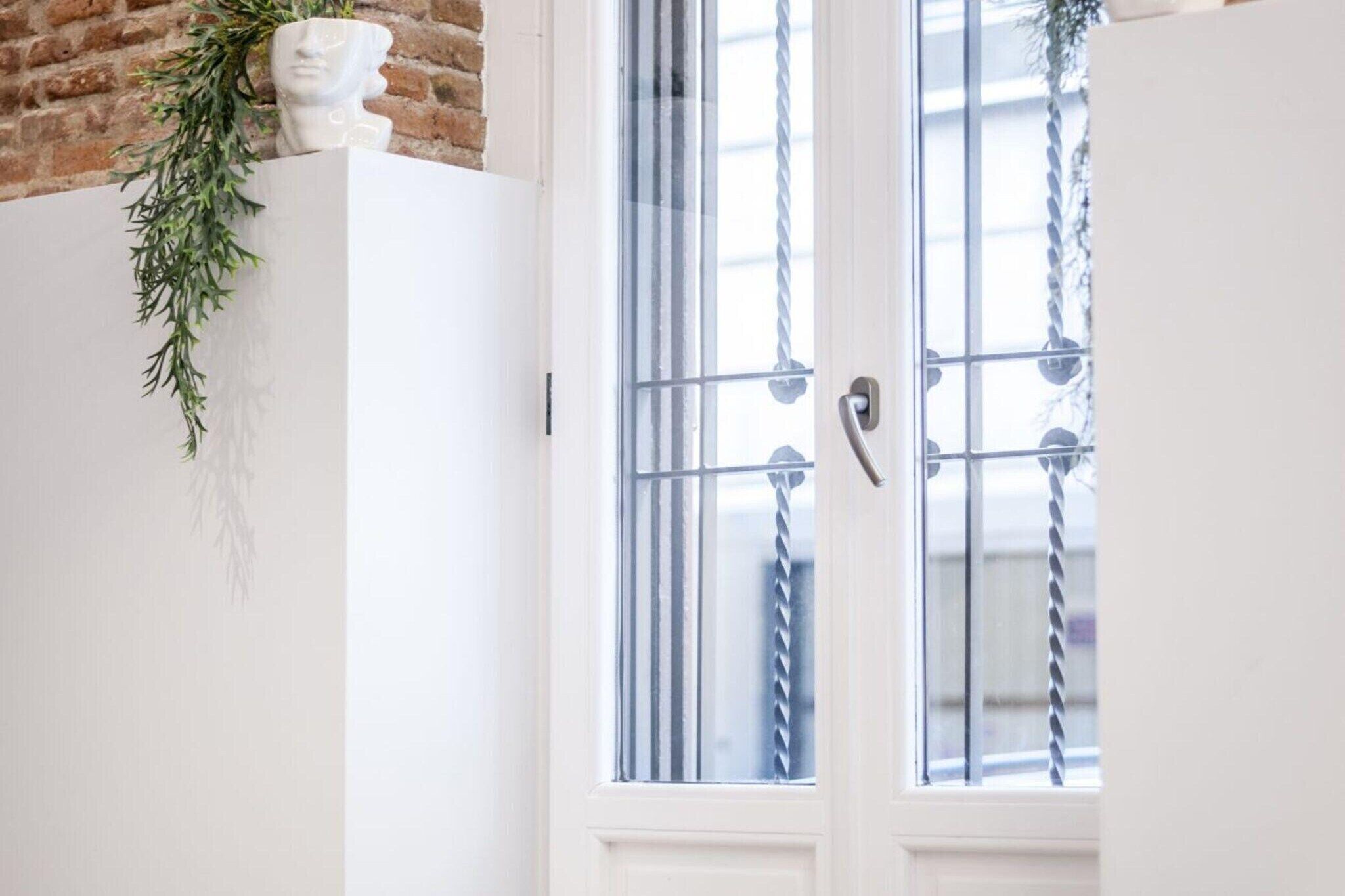 Una puerta blanca con una barra de seguridad metálica, una pared blanca y una planta colgante.