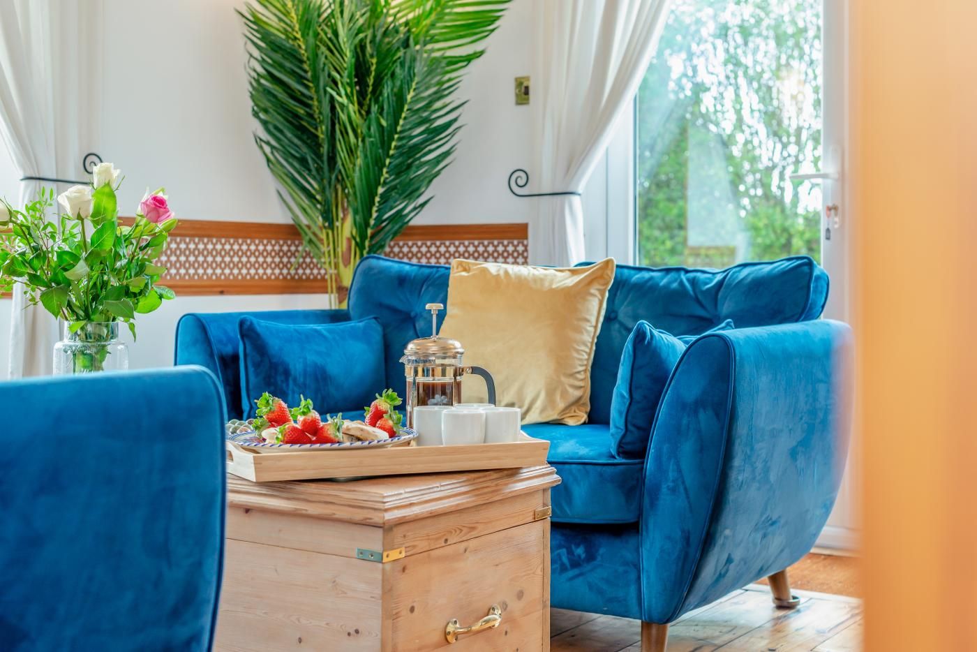 A blue sofa with a coffee pot and strawberries on a tray, a wooden chest of drawers, and a large green plant.