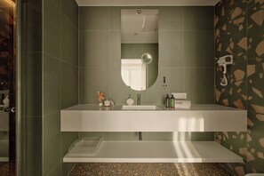 Dusche, Haartrockner, Handtücher, Shampoo
