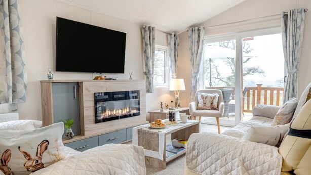 A modern living room with a fireplace, comfortable seating, and a television. - 2 Bed in Upton (oc-c35149) (Ryde)
