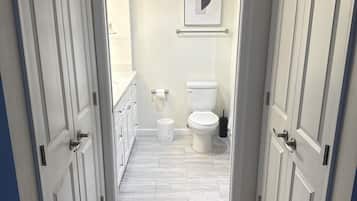 Hair dryer, towels, soap, toilet paper