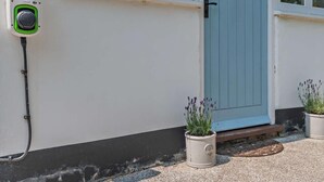 Ein Gebäude mit blauer Tür, einem an der Wand montierten Stromkasten und zwei Blumentöpfen.