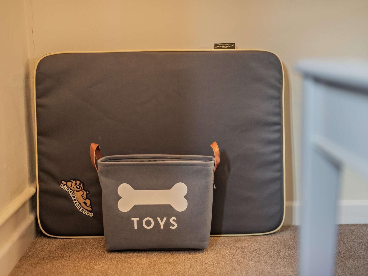 A suitcase with a gray interior and a smaller bag labeled 'TOYS' with a bone design.