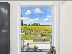 A view through a window of a grassy field, a wooden bridge, and a statue.