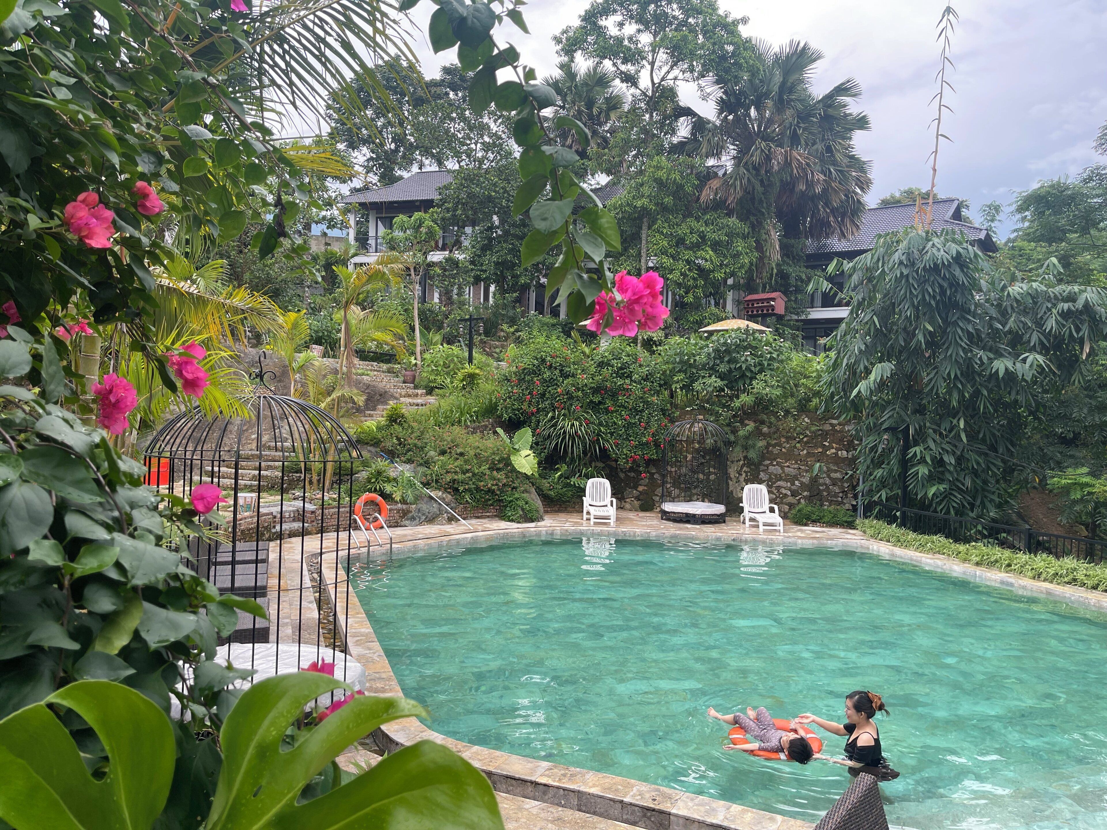A swimming pool surrounded by lush greenery and a gazebo.