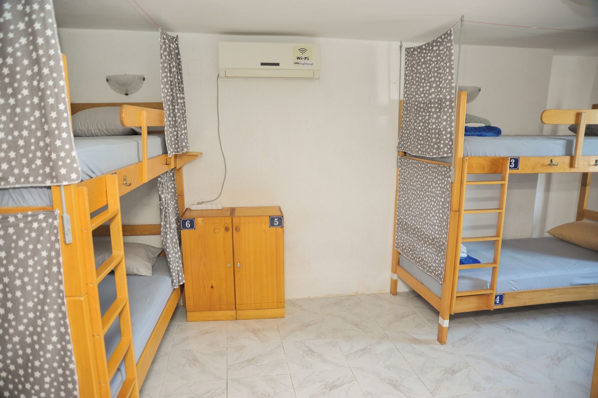 A dormitory room with bunk beds, a wardrobe, and a Wi-Fi-enabled air conditioning unit.