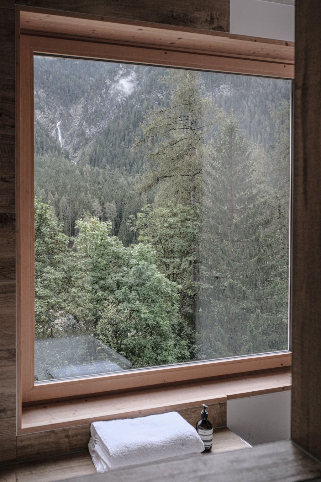 A window with a view of a forested mountain area.