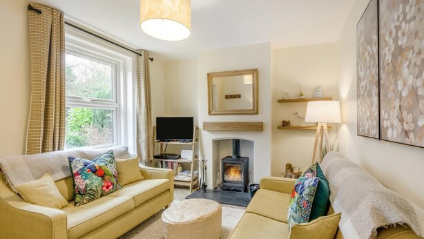 A cozy living room with a sofa, ottoman, fireplace, television, and artwork on the walls. - 2 Bed in Snettisham (oc-k36331) (Snettisham)