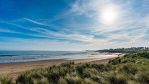 Eine Küstenlandschaft mit Strand, grasbewachsenen Dünen und einer fernen Uferlinie mit Gebäuden.