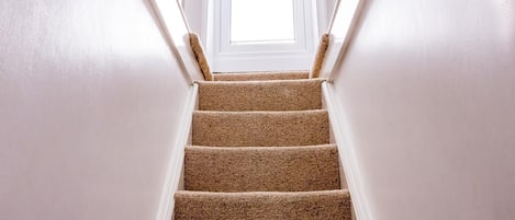 A carpeted staircase with white walls and a door at the top.