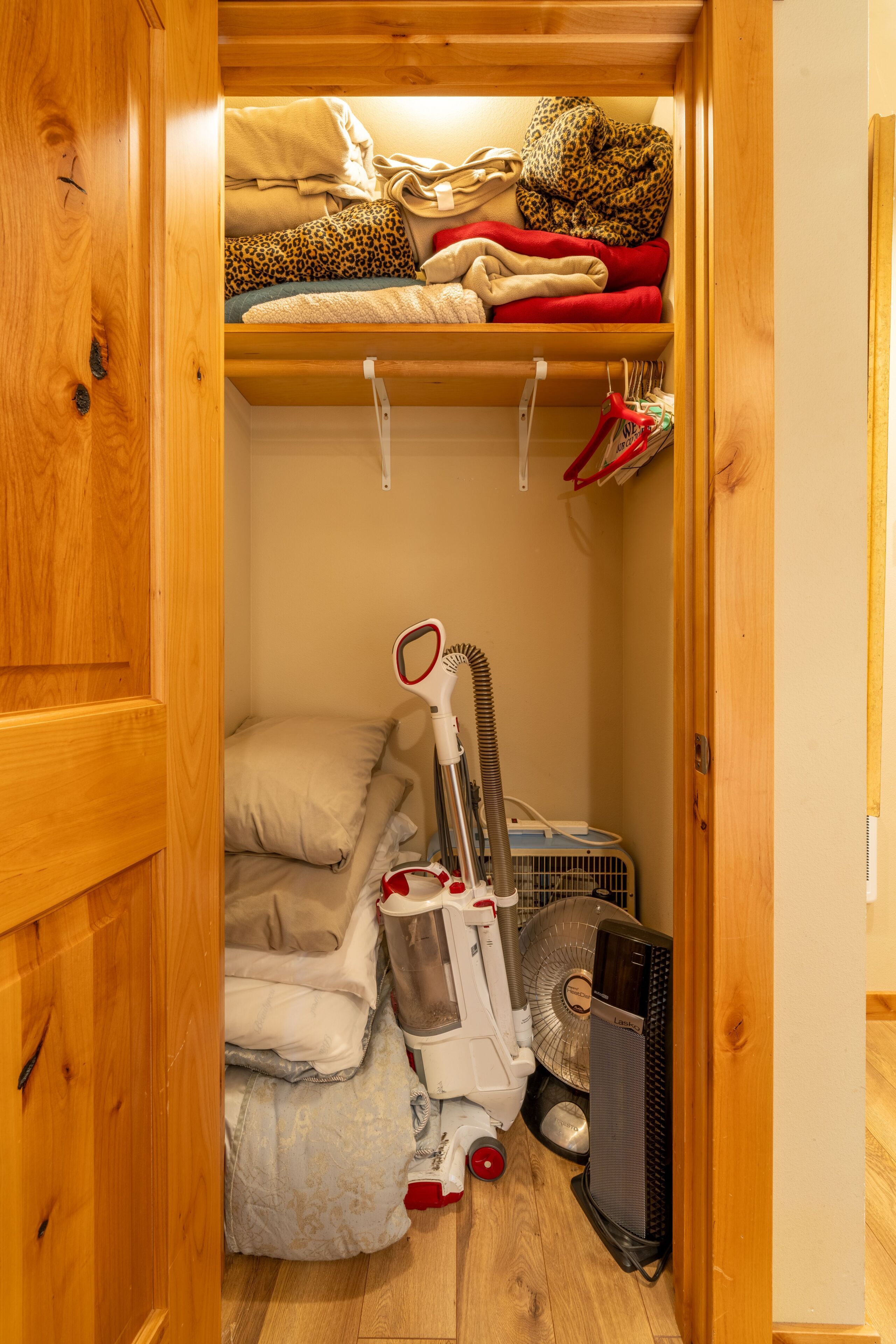 Un espacio de almacenamiento pequeño con puertas de madera, una percha y un aspirador.
