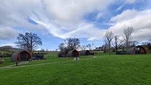 A row of modern, semi-circular huts with large windows, set in a grassy field with a clear sky. - 1 Bed in Tyn-y-Groes (oc-g36300) (Ty'n-y-groes)