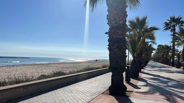 A paved walkway beside a beach with palm trees and a clear sky. - La Mota Beach House with Pool & BBQ (Cubelles)