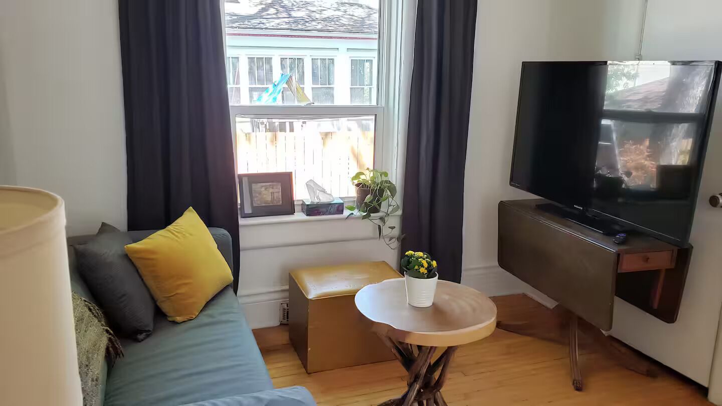 Un salón con sofá, una mesita con una planta, televisor y una ventana con cortinas.
