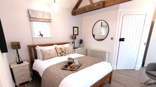 Een slaapkamer met een houten bed, nachtkastjes, een radiator, een spiegel en een deur.