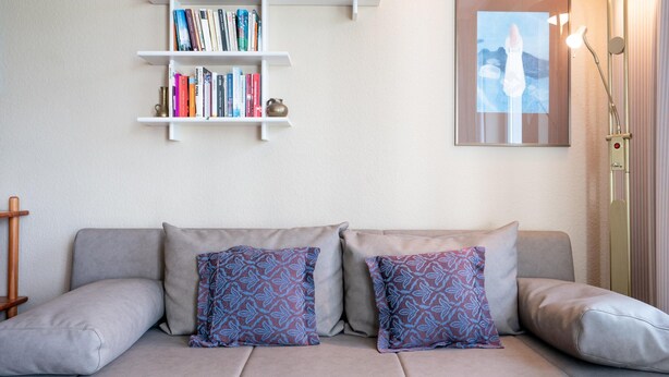 Un soggiorno moderno con un divano grigio, cuscini decorati, una libreria e un quadro appeso al muro.