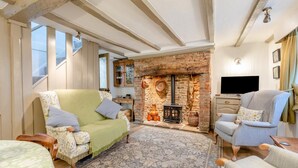 A cozy living room with a fireplace, a sofa, and a television. - 2 Bed in Appledore (oc-j36297) (Appledore)