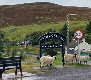 Ländliche Umgebung mit einem Schild, auf dem 'WANLOCKHEAD' steht, und einem Geschwindigkeitslimit-Schild für 30.