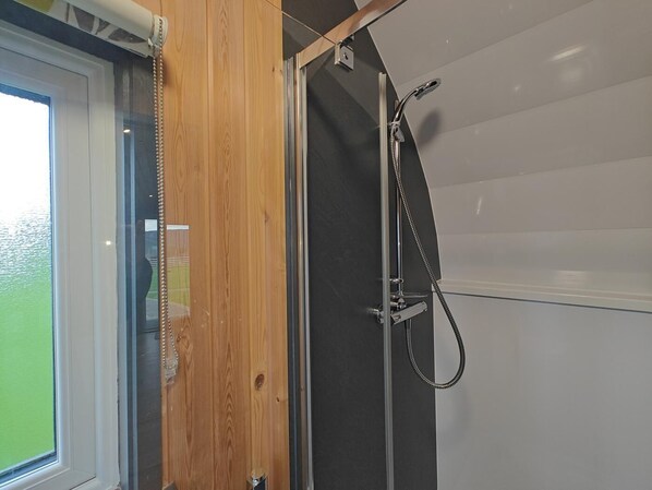 A shower with a handheld showerhead, a glass door, and a view of a green outdoor area.