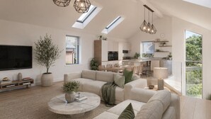 A spacious living area with a flat-screen TV, comfortable seating, a coffee table, and a large window with a view. - 4 Bed in Padstow (oc-p36069) (Constantine Bay)