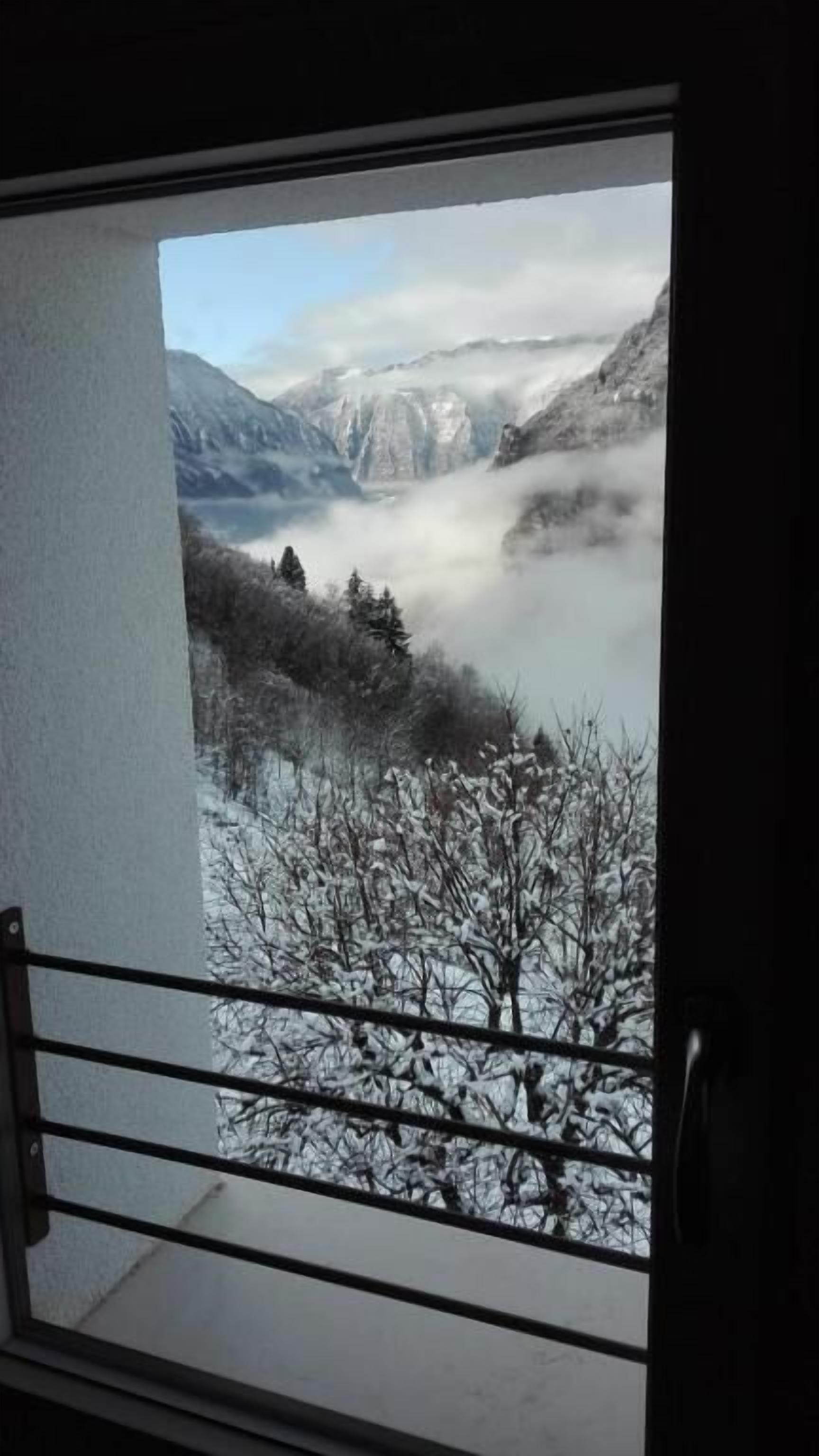 Blick durch ein Fenster mit Metallgitter auf eine verschneite Landschaft und Berge im Hintergrund.